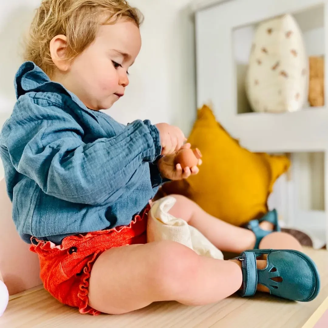 Chaussons premiers pas Fleur Bleu tempête