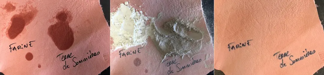 farine et terre de sommières sur du cuir pour nettoyer une tache de gras