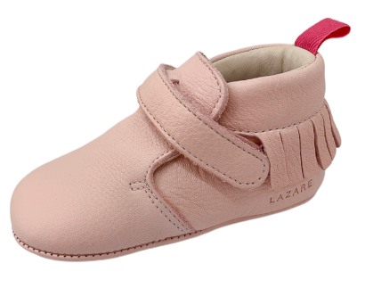 chaussons bébé en cuir souple rose à franges