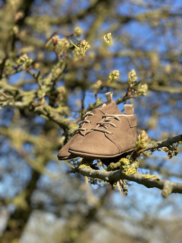 chaussons bébé Colombe cuir souple nubuck taupe avec lacets posés sur une branche d'arbre